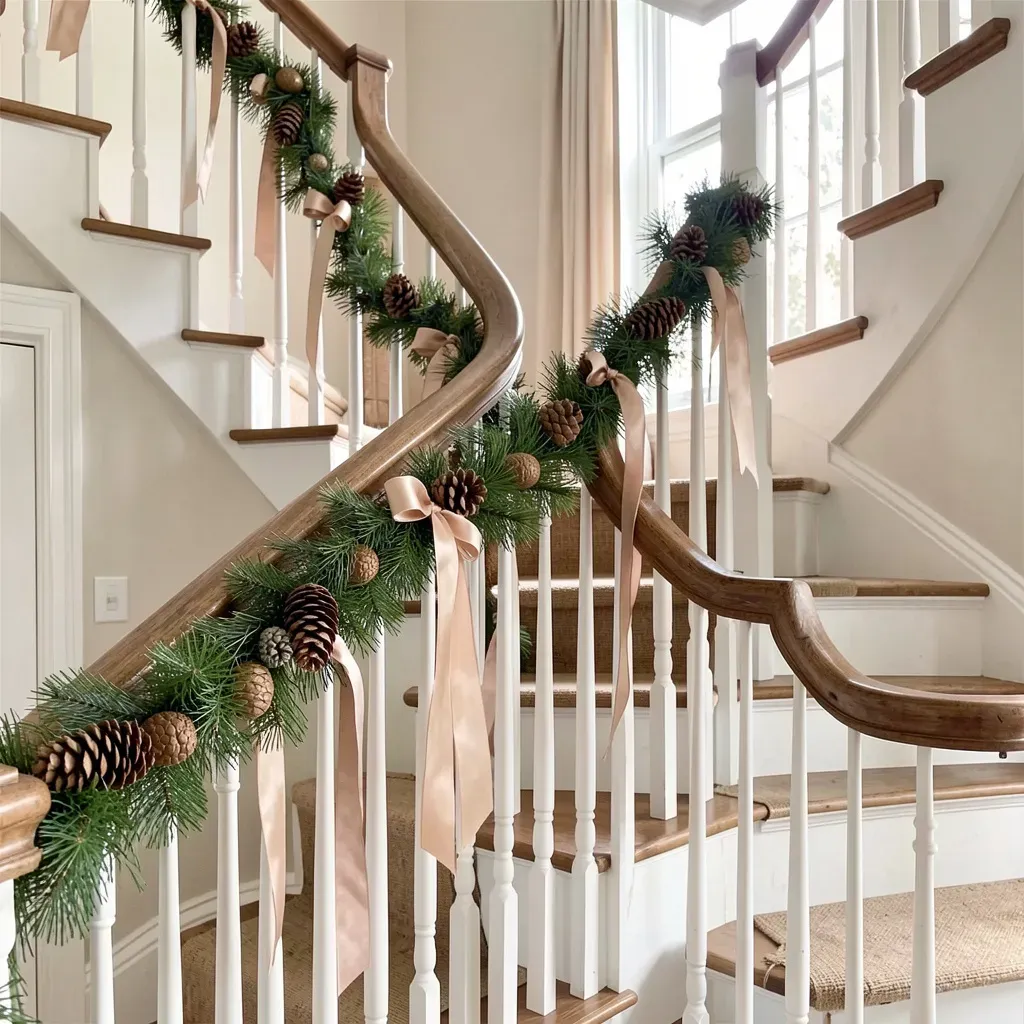 Adding bows and lights to banister decor